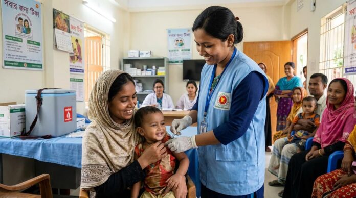 কমিউনিটি ক্লিনিকে একটি শিশুকে হাম-রুবেলা টিকা দিচ্ছেন স্বাস্থ্যকর্মী।