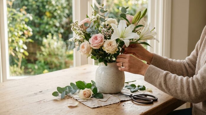 মানসিক প্রশান্তির জন্য মনোযোগ সহকারে ফুল সাজানোর দৃশ্য।