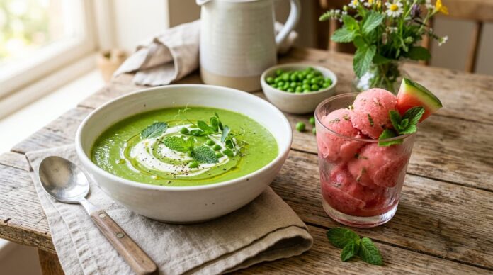 পুদিনা পাতা দিয়ে তৈরি স্বাস্থ্যকর স্যুপ এবং তরমুজের সরবেত।