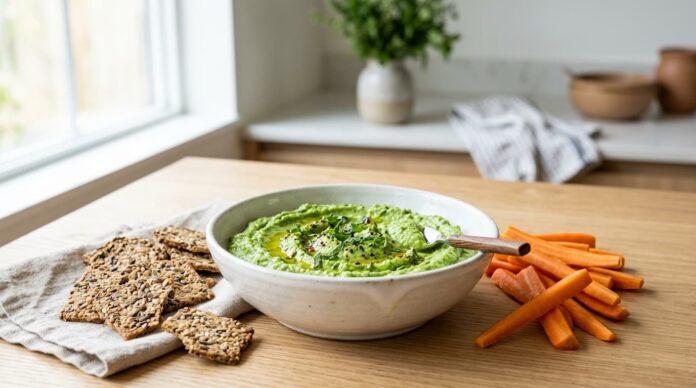 পুদিনা ও মটরশুঁটি দিয়ে তৈরি স্বাস্থ্যকর ডিপ এবং সবজির স্টিক।