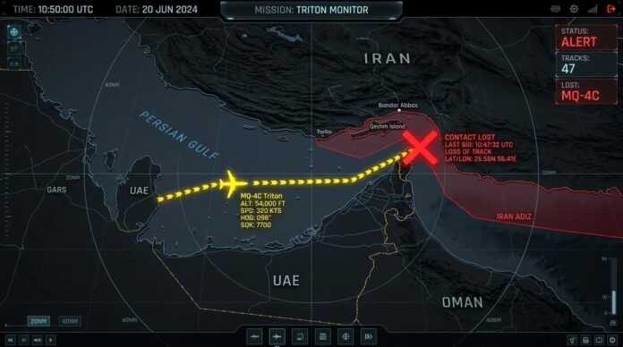 রাডারে দেখা যাচ্ছে মার্কিন ড্রোন ট্রাইটন ইরানের দিকে মোড় নিয়ে নিখোঁজ হচ্ছে।