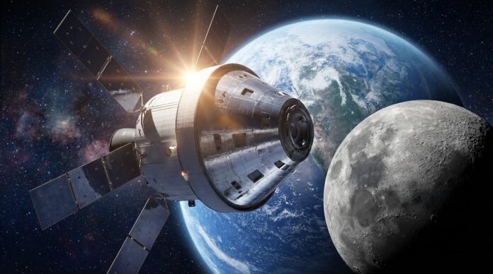 মহাকাশে পৃথিবী ও চাঁদের মাঝখানে ওরিয়ন নভোযানের একটি প্রতীকী চিত্র।