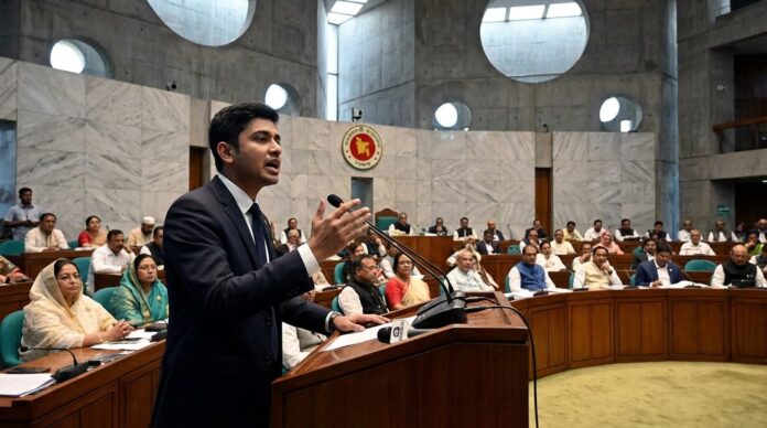 জাতীয় সংসদে গুমের বিচার নিয়ে বক্তব্য দিচ্ছেন ব্যারিস্টার আরমান।