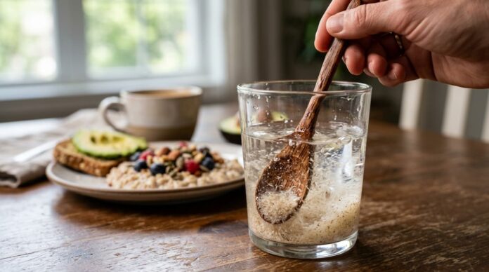 এক গ্লাস পানিতে ইসবগুলের ভুষি মেশানোর দৃশ্য।