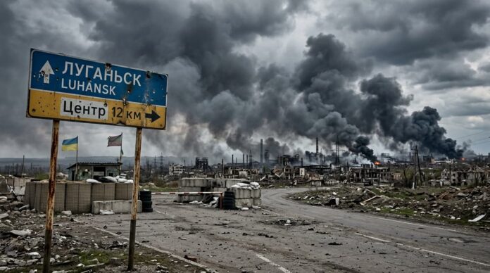 পূর্ব ইউক্রেনের লুহানস্ক অঞ্চলে চলমান যুদ্ধের ধ্বংসাবশেষের একটি প্রতীকী চিত্র।