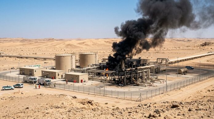 সৌদি আরবের ইস্ট-ওয়েস্ট পাইপলাইনের ক্ষতিগ্রস্ত পাম্পিং স্টেশন।