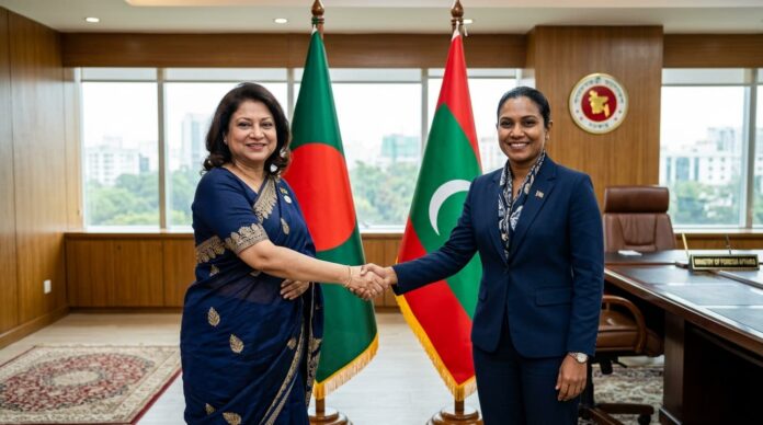 পররাষ্ট্র মন্ত্রণালয়ে মালদ্বীপের হাইকমিশনারের সঙ্গে পররাষ্ট্র প্রতিমন্ত্রীর সৌজন্য সাক্ষাতের একটি প্রতীকী চিত্র।