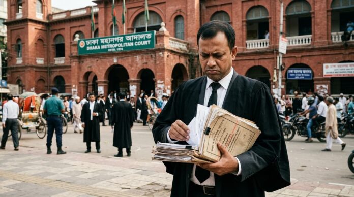 ঢাকা আদালতের সামনে শরীফ হাদি হত্যা মামলার তদন্ত বিলম্বের প্রতীকী দৃশ্য।