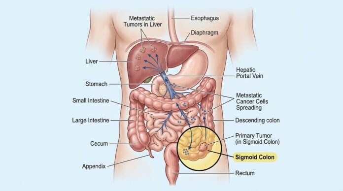 সিগময়েড কোলন থেকে লিভারে ক্যান্সার ছড়িয়ে পড়ার (মেটাস্ট্যাসিস) সচিত্র ব্যাখ্যা।