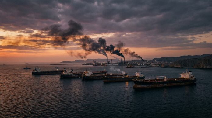 হরমুজ প্রণালীতে তেলবাহী ট্যাংকার আটকে থাকার ফলে তৈরি হওয়া বৈশ্বিক জ্বালানি সংকটের দৃশ্য।