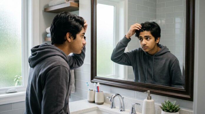 আয়নায় নিজের হেয়ারলাইন পরীক্ষা করছে ১৬ বছর বয়সী একজন কিশোর।