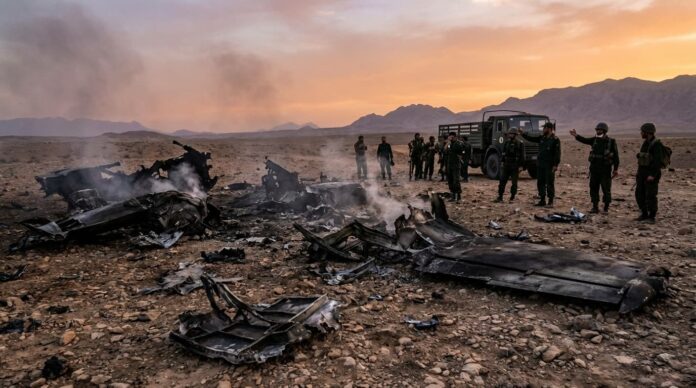 ইরানে মার্কিন উদ্ধার অভিযানে ধ্বংস হওয়া বিমানের ধ্বংসাবশেষ।