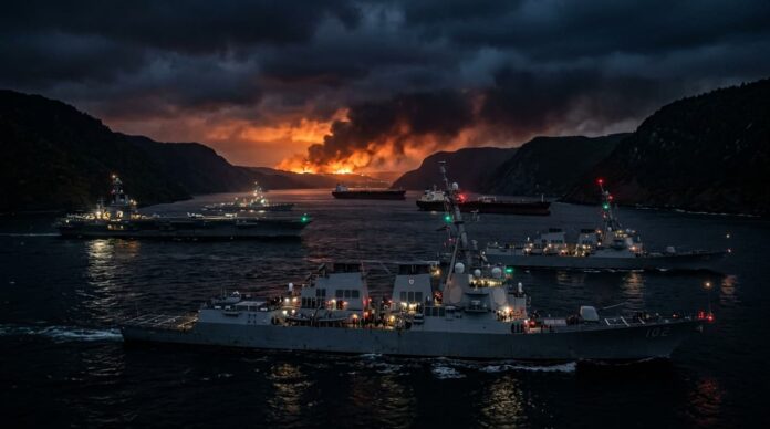 হরমুজ প্রণালীতে যুদ্ধের উত্তেজনা ও তেলবাহী জাহাজের অচলাবস্থার একটি প্রতীকী চিত্র।