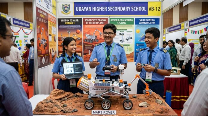 উদয়ন সায়েন্স কার্নিভালে মার্স রোভার প্রজেক্ট দেখাচ্ছেন তিন ছাত্র।