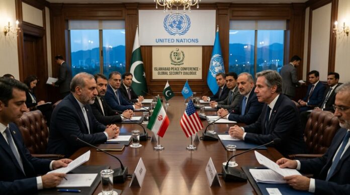 ইসলামাবাদে মার্কিন ও ইরানি প্রতিনিধিদের মধ্যে ঐতিহাসিক শান্তি আলোচনার দৃশ্য।