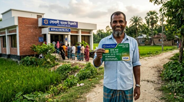 ভিসার লোগো যুক্ত আধুনিক কৃষক কার্ড হাতে এক বাংলাদেশি কৃষক।