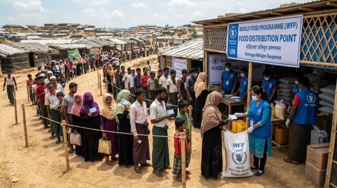 রোহিঙ্গা ক্যাম্পে ডব্লিউএফপি-র খাদ্য সহায়তা কার্যক্রমের একটি প্রতীকী চিত্র।
