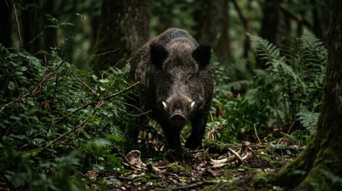বন্য শুকরের হিংস্র রূপ এবং বনতলে পড়ে থাকা হাড়ের অবশিষ্টাংশ।
